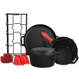 Megachef MegaChef 12 Piece Round PreSeasoned Cast Iron Cookware Set, Black and Red