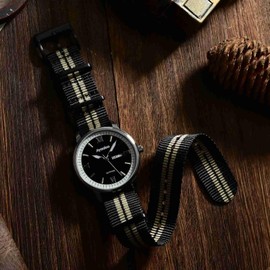 Ayadoo 18mm One-Piece Military Style Nylon Watch Band, Black+Beige Watch Strap with Black Buckle