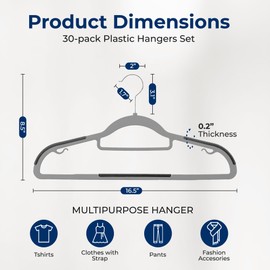 SereneLife Plastic Clothes Hangers, 30-Pack Hanger Set with Non-Slip Rubber Pad and 360° Swivel Metal Hook, Durable Grey Ultra Thin Hangers for Shirts, Pants, Dresses, Space-Saving Closet Organizer