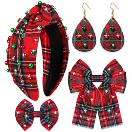 NVENF Christmas Headbands for Women, Holiday Headbands, Christmas Hair Bows, Red Plaid Headbands Hair Bow Clips Earrings, Christmas Accessories Outfits, Holiday Accessories Gifts (Pattern A)
