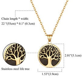 OIDEA Men's Necklace with Tree of Life Circle Pendant, O Chain Wheat Chain Made of Stainless Steel, Silver Black, Stainless Steel