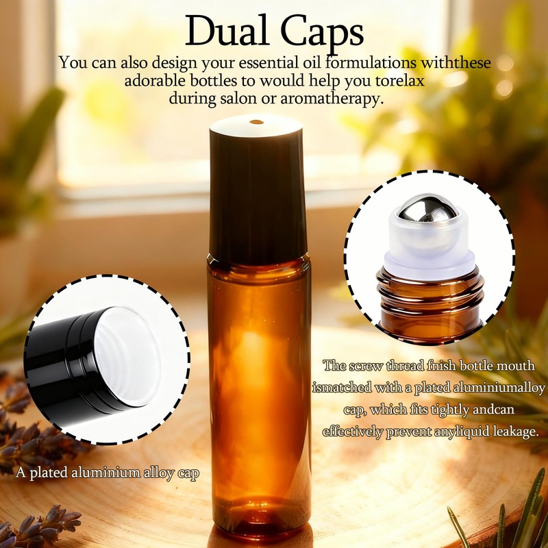 PrettyCare 4 Pack 10 ml Amber Glass Roller Bottles for