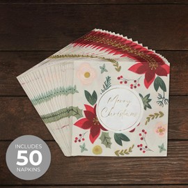 Masterpiece Merry Christmas Floral Cocktail Napkins / 50 Poinsettia Napkins With Shiny Gold Foil Accents / 4 3/4" x 4 3/4" Square Festive Winter Holiday Party Napkin