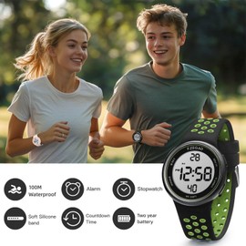 F.ZEGAO Digital Watch for Mens Womens, 100M Waterproof Watches for Swimming, Outdoor Sports Watches Multifunction Alarm Countdown Stopwatch Dual-Time Luminous Display Green Silicone Strap
