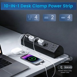 Desk Clamp Power Strip with 40W Total Fast Charging Station, 4 PD 20W USB C Ports, 4 AC Outlets, 1875W Surge Protectors, 6.5 FT Flat Plug Desk Edge Mount Surge Protector Fit 1.9" Tabletop Edge