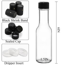 Cedilis 36 Pack Small Glass Bottle, 3oz Glass Woozy Bottle, Empty Mini Hot Sauce Bottles, Clear Liquor Wine Bottles with Shrink Capsule, Black Screw Caps, Dripper Insert
