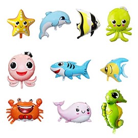 10 Pcs Cute Ocean Animals Balloons, Large Sea Animal Balloons, Dolphin/Crab/Shark/Octopus/Starfish/Tropical Fish Foil Balloons for Party Decoration Supplies