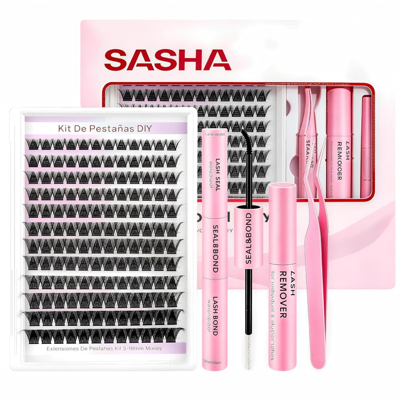 SASHA Kit de Pestañas Postizas DIY, 144 Pestañas Individuales Racimos
