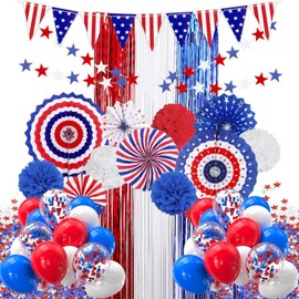 47pcs 4th of July Patriotic Party Decoration Sets with Red White Blue Balloons,Paper Fans,USA Flag Pennant,Star Streamer,Pom Poms,Tinsel Backdrop for Kid’s Party Decor Supplies,Memorial Day