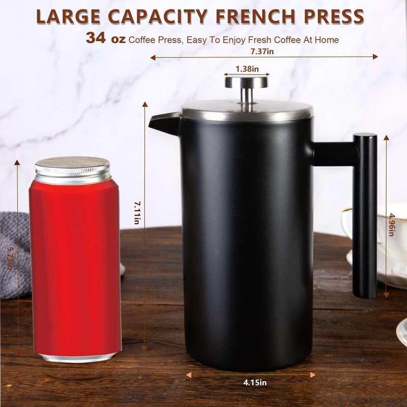 SZHETEFU 34 OZ Large French Press, Premium Stainless Steel Sturdy