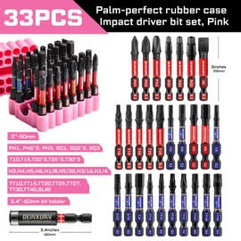 Geinxurn Impact Screwdriver Bits Set, 33 Pieces 2”Multi Head Magnetic S2 Steel Driver Bits PH/SQ/Torx/Slotted/Hex/Security Torx With Pink Soft Base