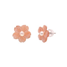 Freshwater Cultured Pearl Studs Hand Carved Shell Flower Earrings for Women, Pink