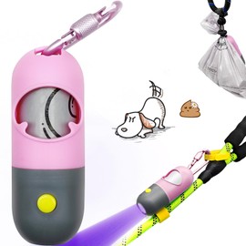 YUCHIYA Dog Poop Bags Holder with UV Flashlight with 1 Roll of Leak-Proof Dog Waste Bags Black Light for for Pet Urine Detector with Built-in LR44 Batteries and Dog Walking Accessories (Pink)