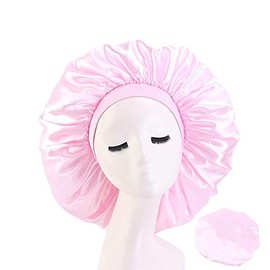 DEPHNARSA Extra Large Sleep Cap Jumbo Cap Large Satin Bonnet with Comfort Elastic Band (F-Pink 3PK)