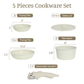 Cuisinluv 5PCS Pots and Pans Set Non Stick, Kitchen Cookware Sets with Detachable Handle, Induction Cookware Sets, Non Stick RV Cookware Cooking Set, Dishwasher ＆ Oven Safe, PFOA Free, Cream White