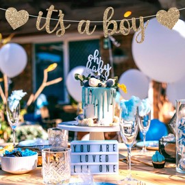 Pre-Strung It's A Boy Banner - NO DIY - Gold Glitter Baby Shower Gender Reveal Party Banner For Boy - Pre-Strung Garland on 8 ft Strand - Baby Shower Party Decorations. Did we mention no DIY?