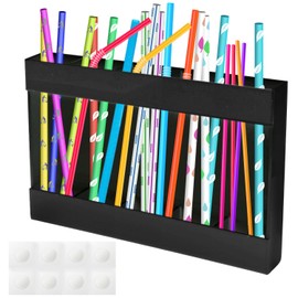 Acrylic Straw Holder Dispenser with Double Sided Adhesive Tape, Wall Mounted Straw Organizer, Reusable Tumbler Glass Drinking Storage Container Box for Counter Cabinet Cupboard Kitchen Rack(Black)