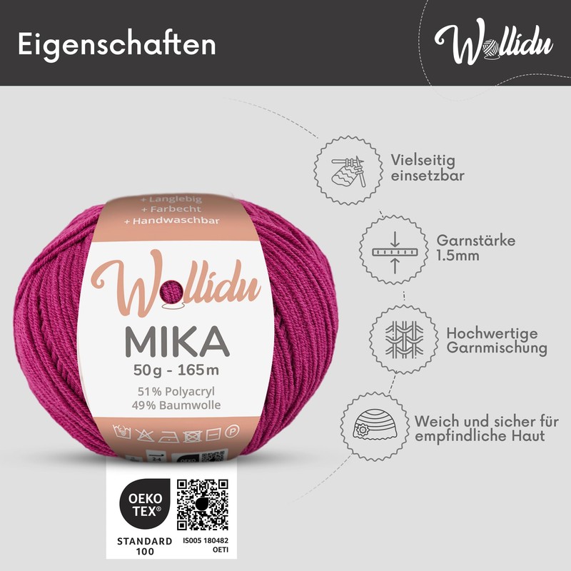 Wollidu Mika Knitting and Crochet Yarn, 51% Polyacrylic, 49% Cotton,