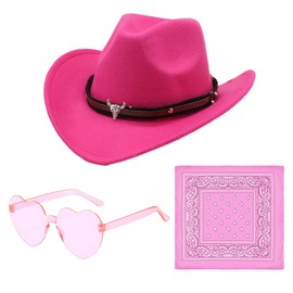 Amycute Pink Cowgirl Hat Cowboy Hat Women - Western Cowgirl Hat with Bandana Heart Glasses, Western Themed Hen Night Ladies Cowgirl Fancy Dress Accessories