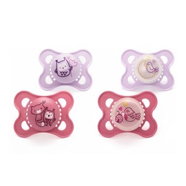 MAM Original Day & Night Soothers | 0-6 Months | 4 Pack | Includes 2X Glow in The Dark Dummies | Orthodontic Design | Baby Accessories | Pink (Various Designs)