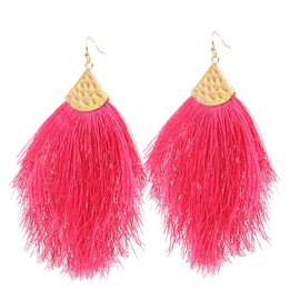 Vine Gems Fringe Feather Earrings for Women - Boho Tassel Jewellery - Magneta Pink