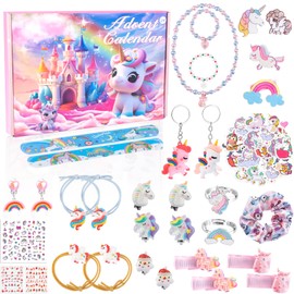 Girls Advent Calendar 2024 Kids- Unicorn Christmas Advent Calendar for Girls Age 3 4 5 6 7 8 9 10 Xmas 24 Days Countdown Calendar Surprise Gift Toys with Unicorn Hair Accessories Sticker Keyring Rings