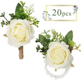 Sherr 20 Pcs Rose Wrist Corsage and Boutonniere Set Flower Wrist Corsage Wristlet Band Bracelet Bridegroom Men's Boutonniere Wedding Wristlet Hand Flower for Prom Party Bouquets (White)