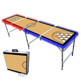 PARTYPONG 8-Foot Folding Beer Pong Table w/Cup Holes & LED Lights - Basketball Court Edition
