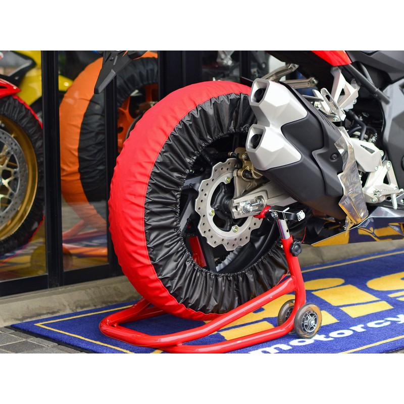 Rise 17インチ タイヤ保護カバー(まもる君)レッド/ブラック 前後セット アクリルカラーコーティング(UVカット・撥水・防水加工) クルッと巻いてピタッの簡単装着!