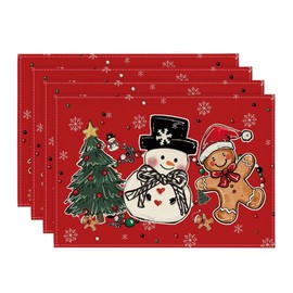 Artoid Mode Snowman Tree Gingerbread Red Christmas Placemats Set of 4, 12x18 Inch Seasonal Winter Holiday Table Mats for Party Kitchen Dining Decoration