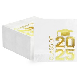 Horaldaily 100 Class of 2025 Graduation Disposable Cocktail Paper Decorative Luncheon Napkins, White and Gold Foil College High School Grad Celebration Hand Towel Party Lunch Dinner Kitchen Bathroom