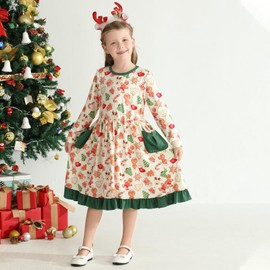 Bkixhv Toddler Baby Girls Christmas Dress Long Sleeve Gingerbread Man Candy Cane Santa Ruffle Pocket Dress Xmas Clothes Apricot