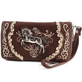 Justin West Horse Embroidery Studded Concealed Carry Handbag Purse Matching Wallet (Brown Flat Wallet)