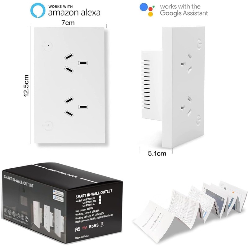 Zauzau Matter Smart Wall Socket, 118mm Wall Plug, 16A Plug