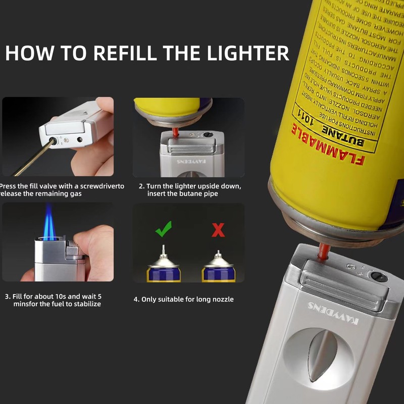 Kavydens Torch Lighter with The V Cutter, Refillable Butane Double