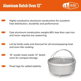 GSI Outdoors Aluminum 12' Dutch Oven | Dutch Oven with Fixed Legs for Camping, Cabin and Home Kitchen