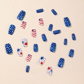 Press on Nails Short Square for July 4th Independence Day 24Pcs Glossy Full Cover Acrylic False Nails with Patriotic Designs Artificial Square Fake Nails Glue Stick on Fingernails for Women Girls