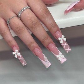 Press on Nails Coffin Long French 24Pcs Glossy Full Cover Acrylic Square Pink False Nails with Pearl Bow Designs Artificial Ballerina Fake Nails with Glue Stick on Fingernails for Women Girls