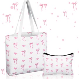Reginary 2 Pcs Coquette Pink Bow Canvas Tote Bags with a Makeup Bag Pink Bow Birthday Gift Inspirational Aesthetic Reusable Grocery Bags Christmas Birthday Gift for Woman Female