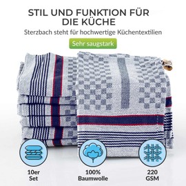 Sterzbachs 100% Cotton Kitchen Towels, 45 x 70 cm, Set of 10, 220 GSM, High-Quality Cotton Tea Towels, Dish Towels, Dishcloths, Super Absorbent and Sustainable Checked - Pro Blue