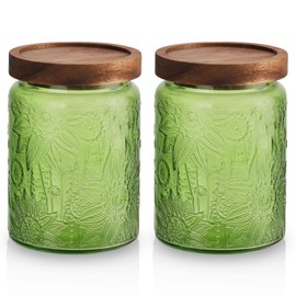 TkoYuHm 2 pack Decorative Mason Jars with Wooden Lids Colored Glass Kitchen Canister for Coffee Tea Cookie Airtight Vintage Food Storage Container with Embossed Floral Pattern (Green Floral, Small)