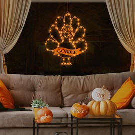 [Timer & 8 Modes] Thanksgiving Turkey Decorations Window Lights, Thanksgiving Window Decorations Silhouette Lights Orange Battery Operated Lights for Home Living Room Indoor Thanksgiving Party Decor