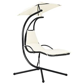 Giantex Outdoor Hanging Chaise Lounge Chair, Patio Hammock Chair with Removable Canopy, Cushion & Anti-toppling Rope, Hanging Arc Chaise Hammock for Patio Poolside Backyard Garden Porch (Beige)