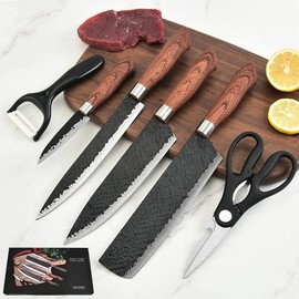 6 PCS Kitchen Knife Set and sharpener without Block, High Carbon Stainless Steel Knife Set Ultra Sharp Knives Set for Kitchen Home Use, Lightweight and Durable-Black