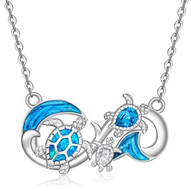 Turtle Necklace for Women Mom Blue Opal Sea Turtle Necklaces Pendant Sterling Silver Infinity Mother Daughter Ocean Wave Mothers Day Gifts