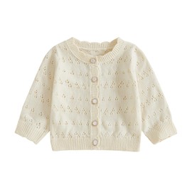 MAHUAOYIXI Toddler Baby Girl Warm Knitted Cardigan Long Sleeve Solid Color Cutout Sweater Cardigan Button Down Knit Jumpers Sweatshirt Fall Winter Pullover Knitwear (Beige, 12_months-24_Months)