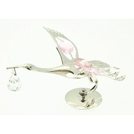 Christening Silver Plated Stork Pink Crystals For Girl