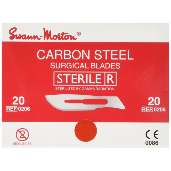 Swann-Morton 0206 Kohlenstoffstahl Chirurgische Skalpellklinge, Steril, Größe #20, Einzelne Folienverpackung, 100 Stück