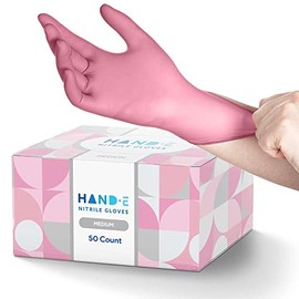 HandE Touch - Guantes desechables de nitrilo rosa medianos (50 unidades) - Protección última intervensión de látex para esteticistas y tecnología de uñas - Guantes de goma quirúrgica y revisión seguro