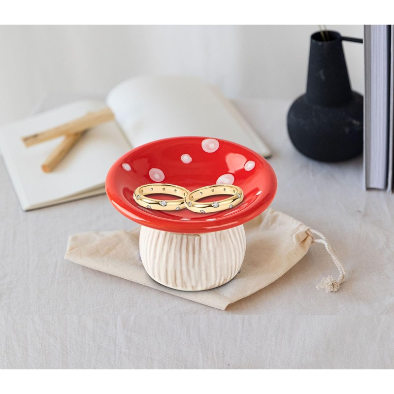 dgudgu Mushroom Ring Holder Jewelry Tray Red Dish Ceramic Trinket